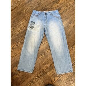 Paco Jeans Men's Size 40x33 Light Wash Denim‎ Embroidered Graphic Y2K Wide Leg